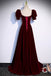 Burgundy Short Sleeves Long Prom Dress, A Line Velvet Formal Gown UQP0349