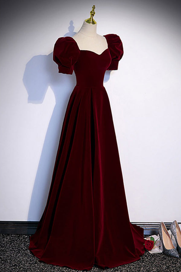 Burgundy Short Sleeves Long Prom Dress, A Line Velvet Formal Gown UQP0