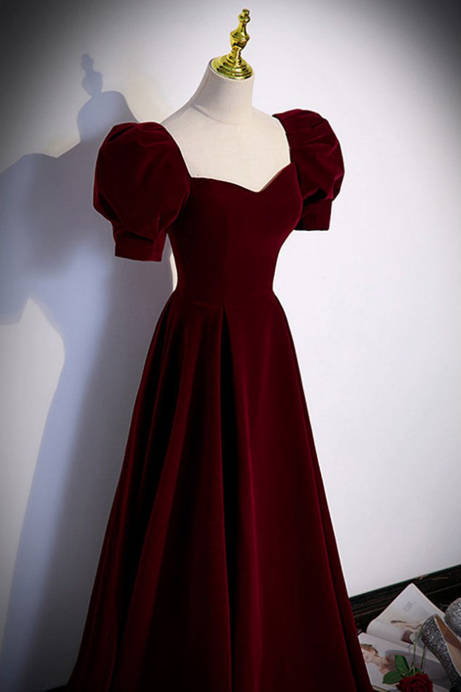 Burgundy Short Sleeves Long Prom Dress, A Line Velvet Formal Gown UQP0349