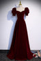 Burgundy Short Sleeves Long Prom Dress, A Line Velvet Formal Gown UQP0349