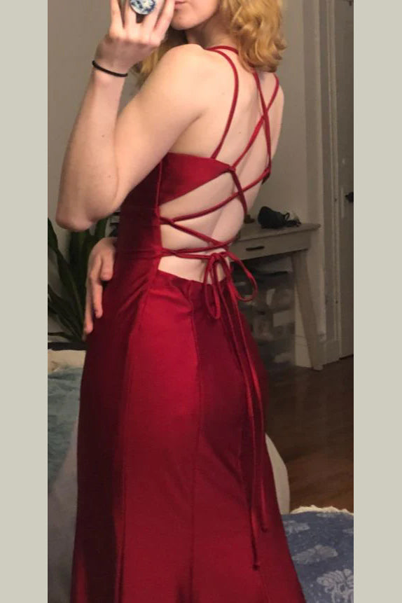 Burgundy Spaghetti Straps Mermaid Prom Dress, Long Evening Formal Gown UQP0337