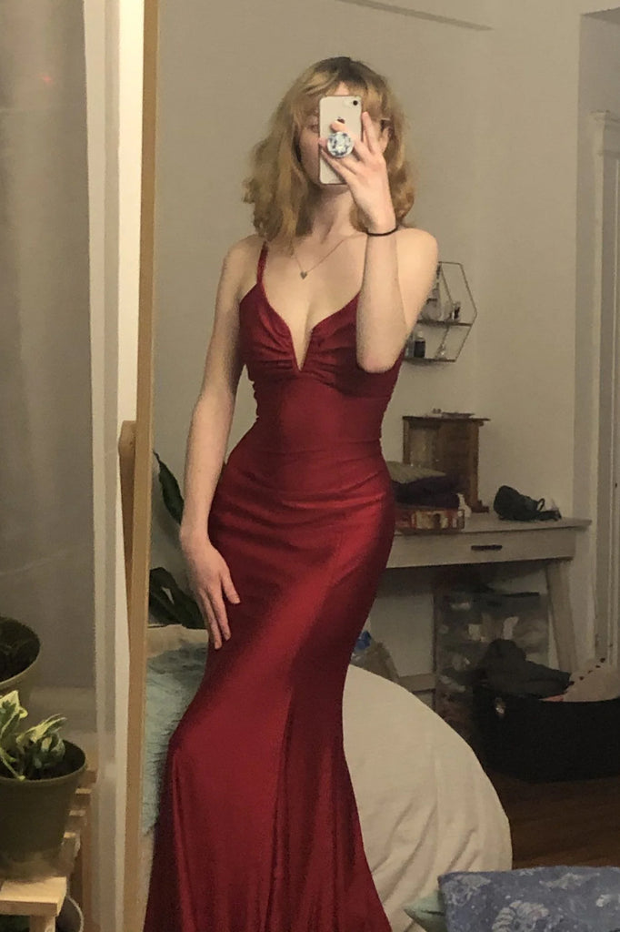 Burgundy Spaghetti Straps Mermaid Prom Dress, Long Evening Formal Gown UQP0337