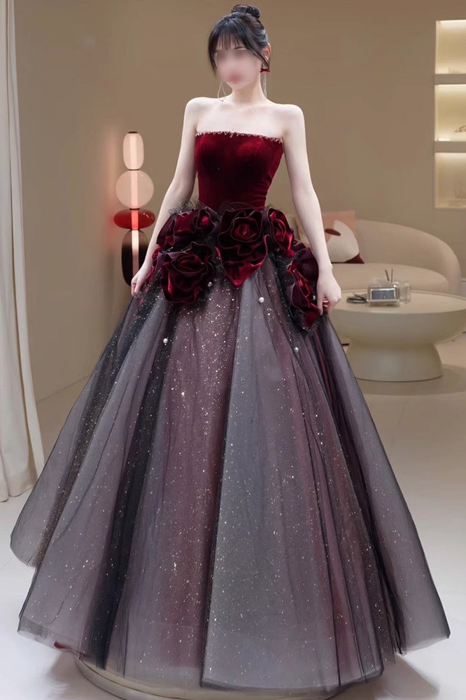 A Line Strapless Burgundy Sparkly Prom Dress with Flowers, Gorgeous Evening Gown UQP0245