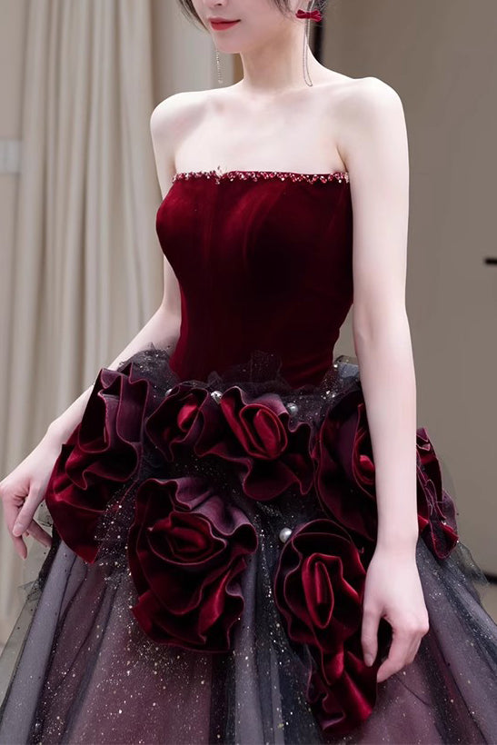 A Line Strapless Burgundy Sparkly Prom Dress with Flowers, Gorgeous Ev Uniquedresss A Line Strapless Burgundy Sparkly Prom Dress with Flowers, Gorgeous Ev Uniquedresss