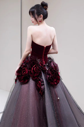 A Line Strapless Burgundy Sparkly Prom Dress with Flowers, Gorgeous Evening Gown UQP0245