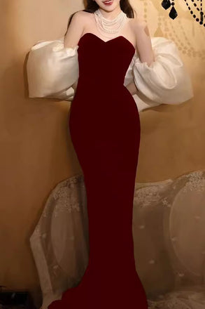 Burgundy Sweetheart Mermaid Velvet Prom Dress with Removable Sleeves UQP0316