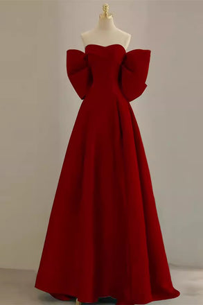 Burgungy Strapless Satin Long Prom Dress with Bowknot, A Line Evening Gown UQP0315