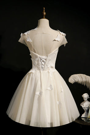 A Line Cap Sleeves Tulle Homecoming Dress with Butterfly, Cute Short Prom Gown UQH0239