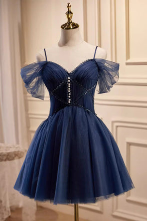 Dark Blue Spaghetti Straps Short Tulle Hoco Dress with Beading, Sweet 16 Dresses UQH0240
