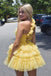 A Line Yellow One Shoulder Tulle Tiered Homecoming Dress, Short Prom Gown UQH0262