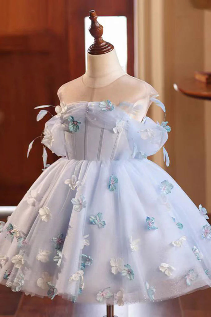 Blue Tulle Butterfly Flower Girl Dress for Wedding Holiday Birthday Party Kid Toddler Dresses UQF0015