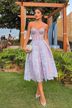 Tea Length Sweetheart Lace Homecoming Dress, A Line New Arrival Prom Gown UQH0266