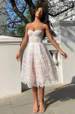 Tea Length Sweetheart Lace Homecoming Dress, A Line New Arrival Prom Gown UQH0266