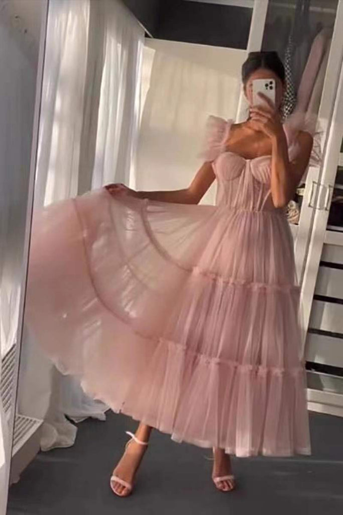 A Line Straps Corset Tulle Tea Length Prom Dress, Pink Homecoming Gown UQH0237