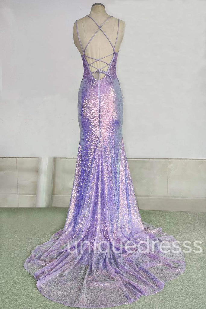 Purple V Neck Sequin Mermaid Prom Dress, Sparkly Party Gown with Lace Appliques UQP0241