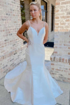 White Mermaid V-Neck Beading Trumpet Long Wedding Dress, Long Bridal Gown UQW0094