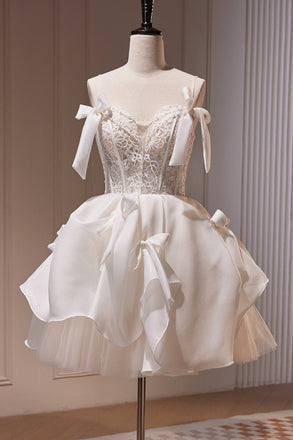 Spaghetti Straps Short Prom Dress with Lace, Homecoming Gown with Bowknot UQH0142