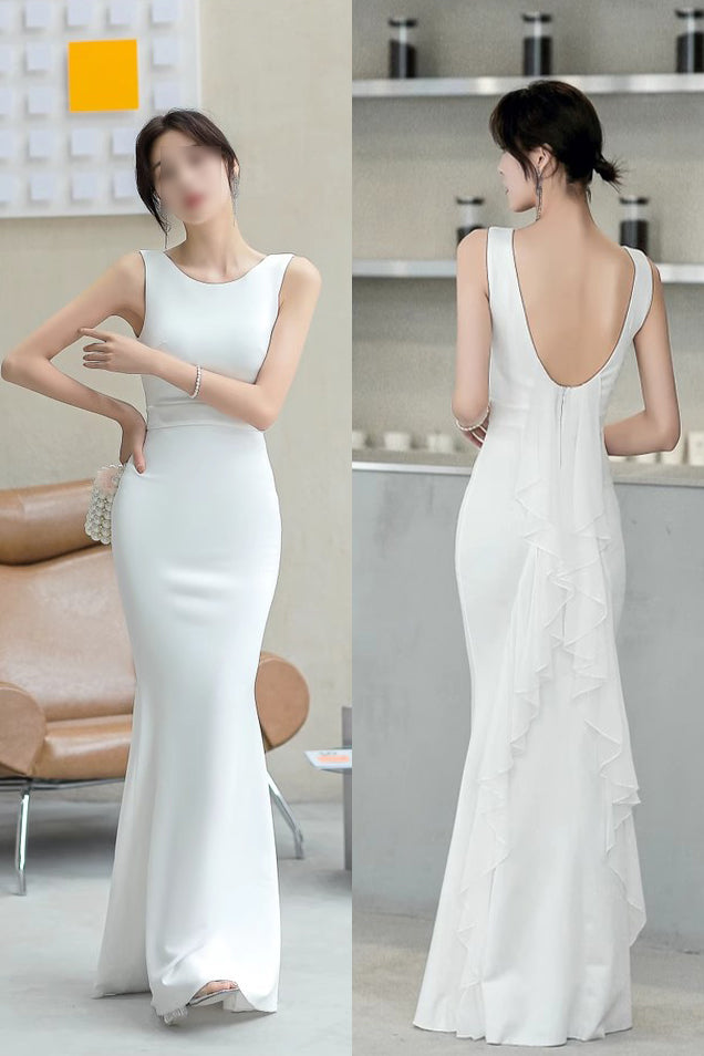 Elegant Sleeveless Mermaid Prom Gown with Ruffles, Cheap Backless Long Evening Gown UQP0249