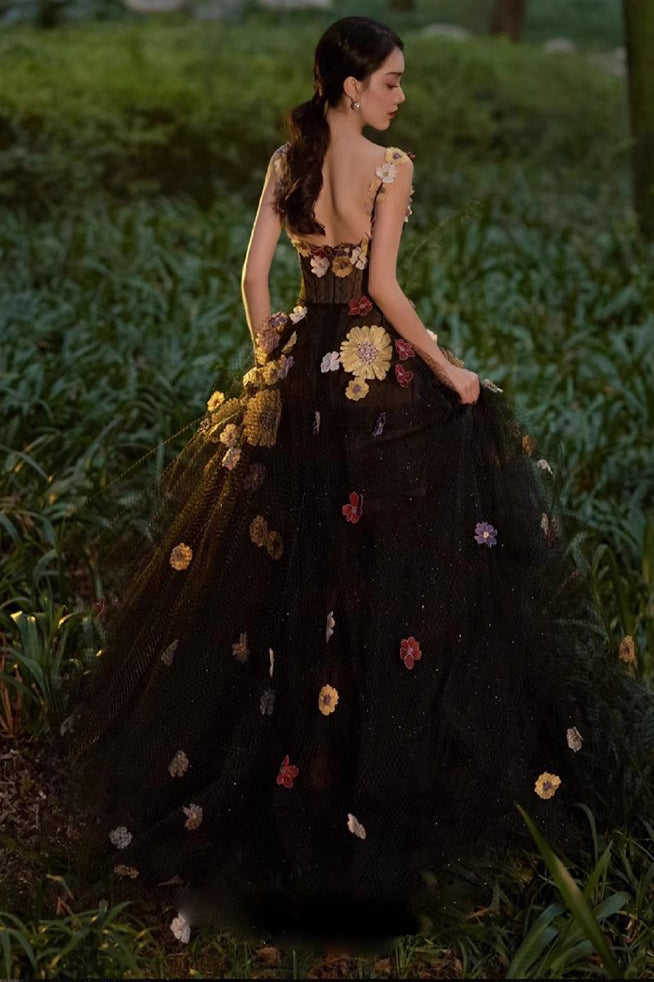 A Line Black Tulle Prom Dress with Flowers Puffy Quinceanera Dresses UQP0226