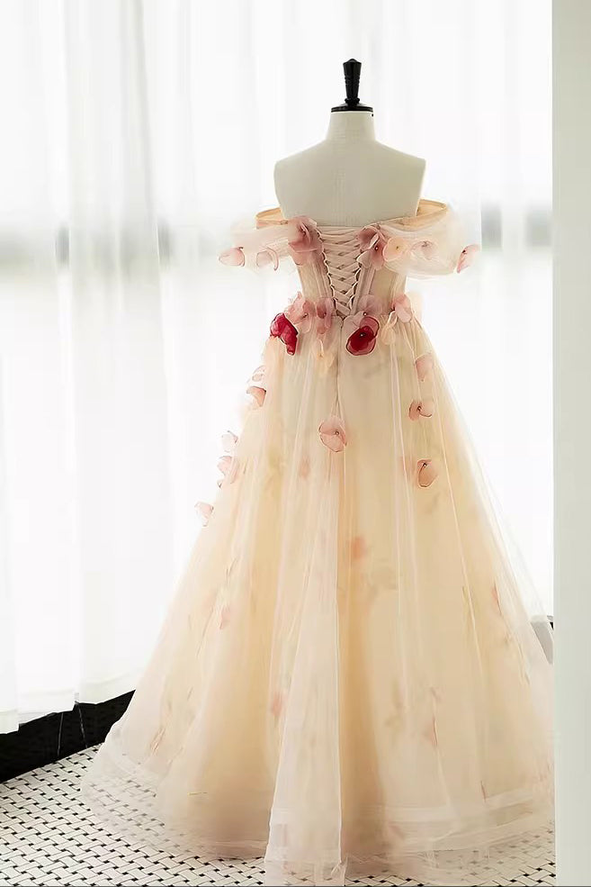 A Line Off the Shoulder Prom Dress with Flowers, Charming Tulle Party Gown UQP0227