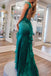 Emerald Green Square Neck Ruffle Slit Prom Dress, Mermaid Chiffon Formal Gown UQP0299