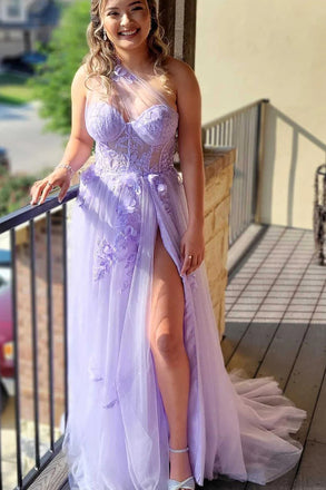 A Line One Shoulder Tulle Prom Dress with Flowers, New Style Appliqued Party Gown UQP0221