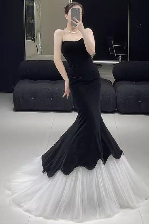 Black Strapless Velvet Mernaid Prom Dress, Elegant Sleeveless Formal Gown UQP0266