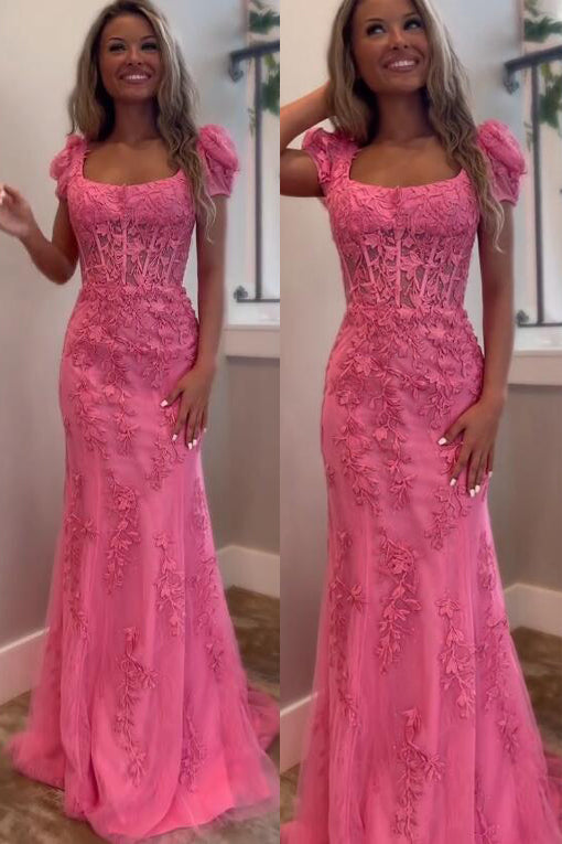 Mermaid Lace Appliques Long Prom Dress, Square Neck Tulle Party Gown UQP0285