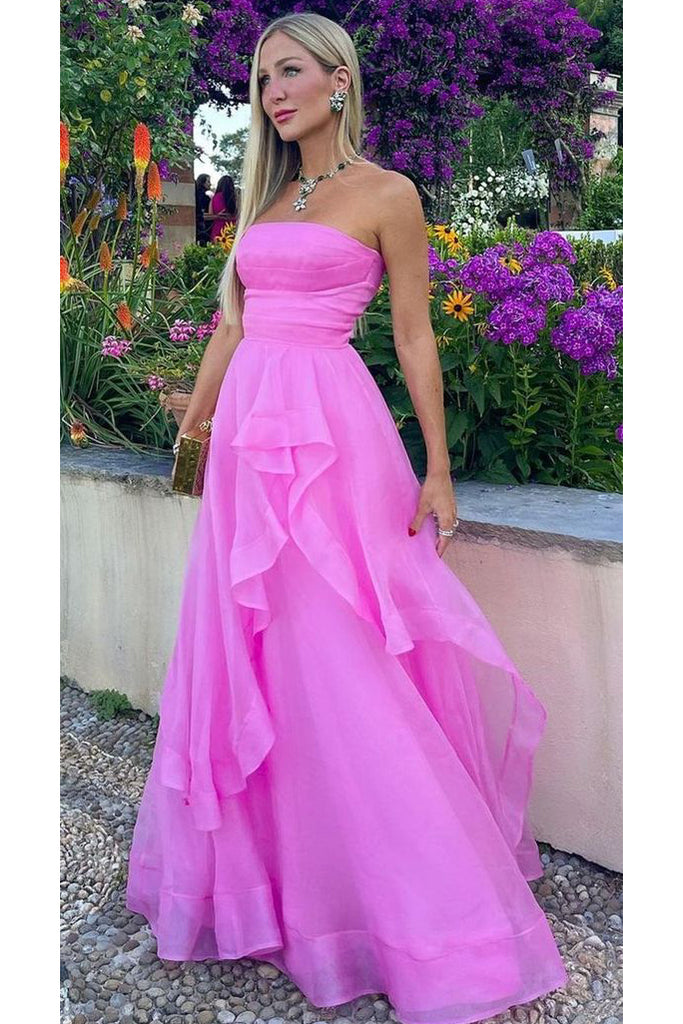 Hot Pink Strapless Organza Long Prom Dress, A Line Sleeveless Evening Gown UQP0220