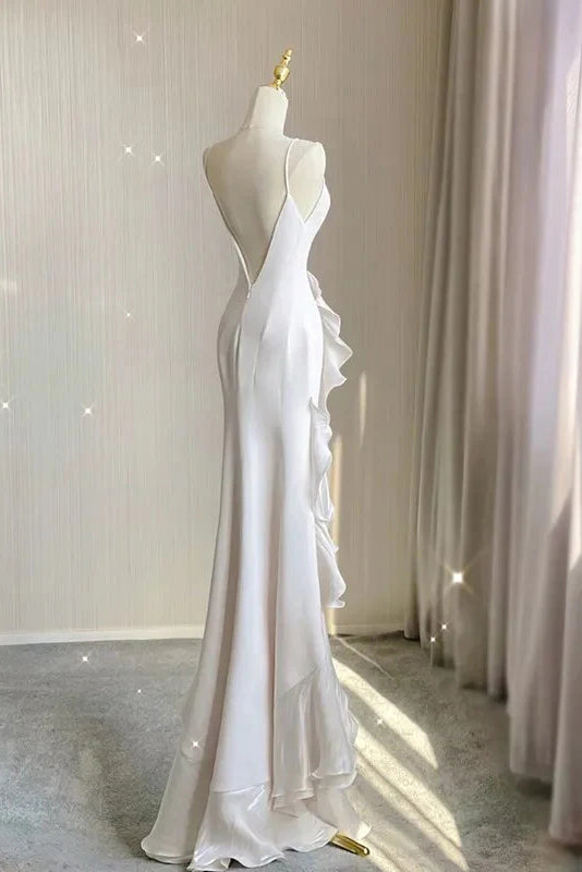 Simple Mermaid Beach Wedding Dress with Ruffles, Spaghetti Straps Backless Prom Gown UQW0107