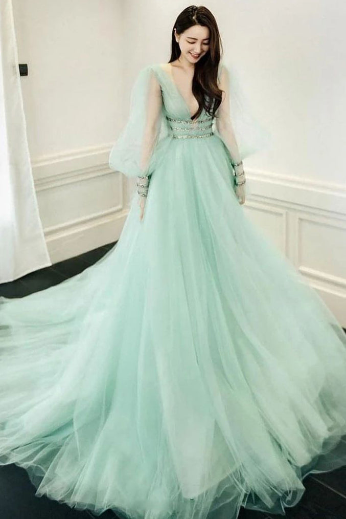 Mint Green V Neck Long Sleeves Tulle Long Prom Gown, Princess Formal Dresses UQP0255