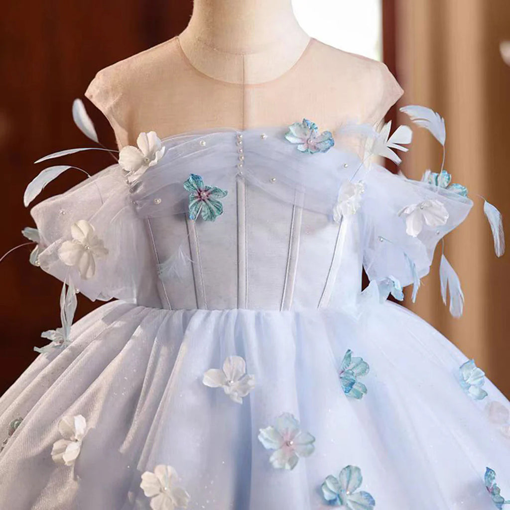 Blue Tulle Butterfly Flower Girl Dress for Wedding Holiday Birthday Party Kid Toddler Dresses UQF0015