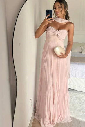 Classy Strapless Chiffon Long Prom Gown Light Pink Evening Dress With Ruffles UQP0363