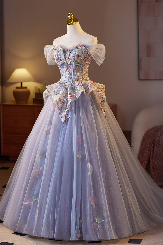 Gorgeous Off the Shoulder Tulle Prom Dress with Flowers, Purple Quinceanera Dresses UQP0370