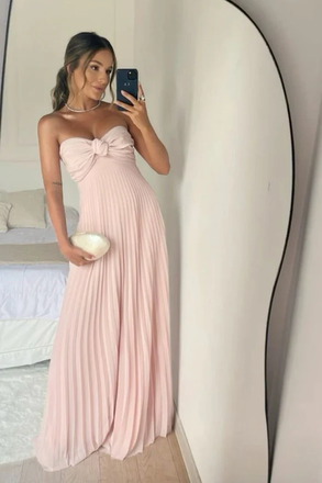 Classy Strapless Chiffon Long Prom Gown Light Pink Evening Dress With Ruffles UQP0363