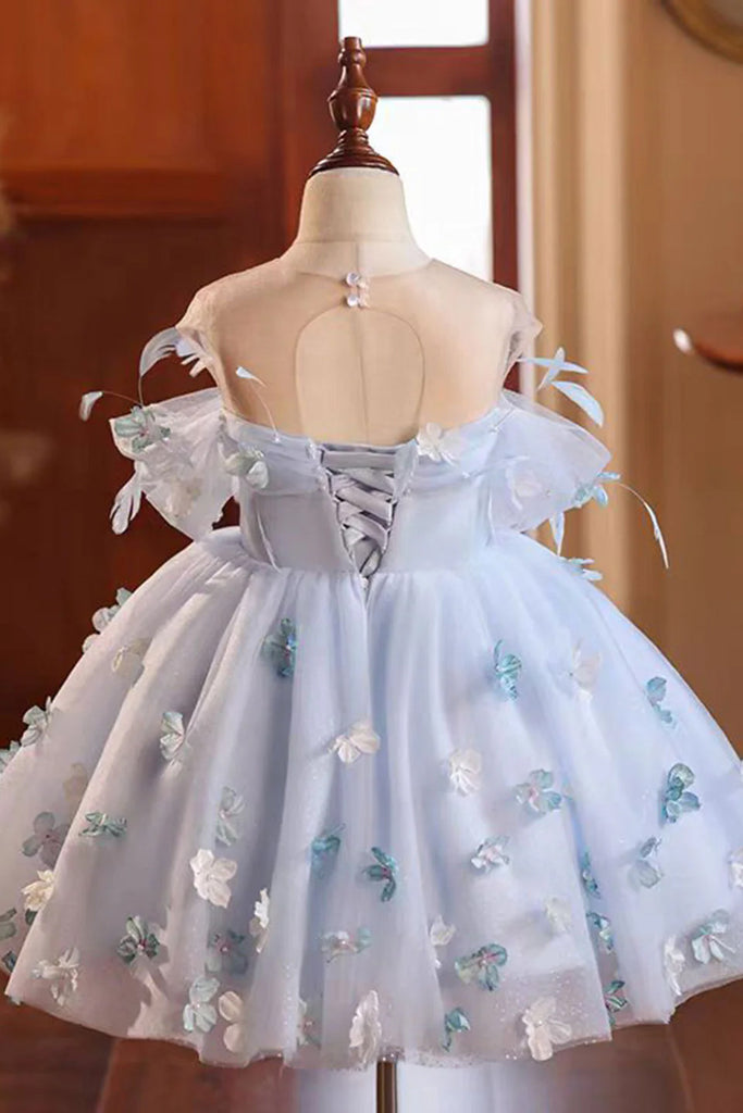 Blue Tulle Butterfly Flower Girl Dress for Wedding Holiday Birthday Party Kid Toddler Dresses UQF0015