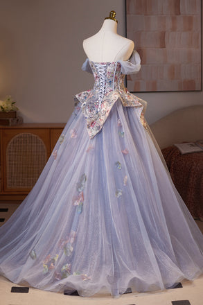 Gorgeous Off the Shoulder Tulle Prom Dress with Flowers, Purple Quinceanera Dresses UQP0370