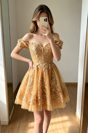 A-line Off the Shoulder Short Homecoming Dress with Lace Appliques UQH0274