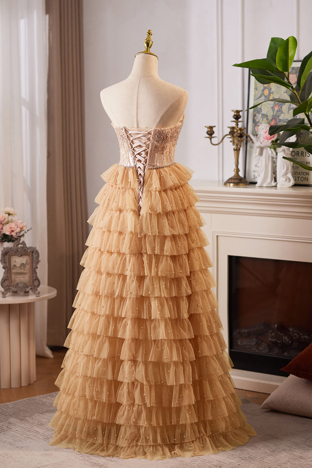 New Arrival Strapless Beading Prom Dress, A Line Tiered Tulle Formal Dress with Pearls UQP0334