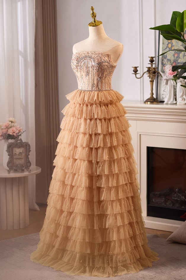 New Arrival Strapless Beading Prom Dress, A Line Tiered Tulle Formal Dress with Pearls UQP0334