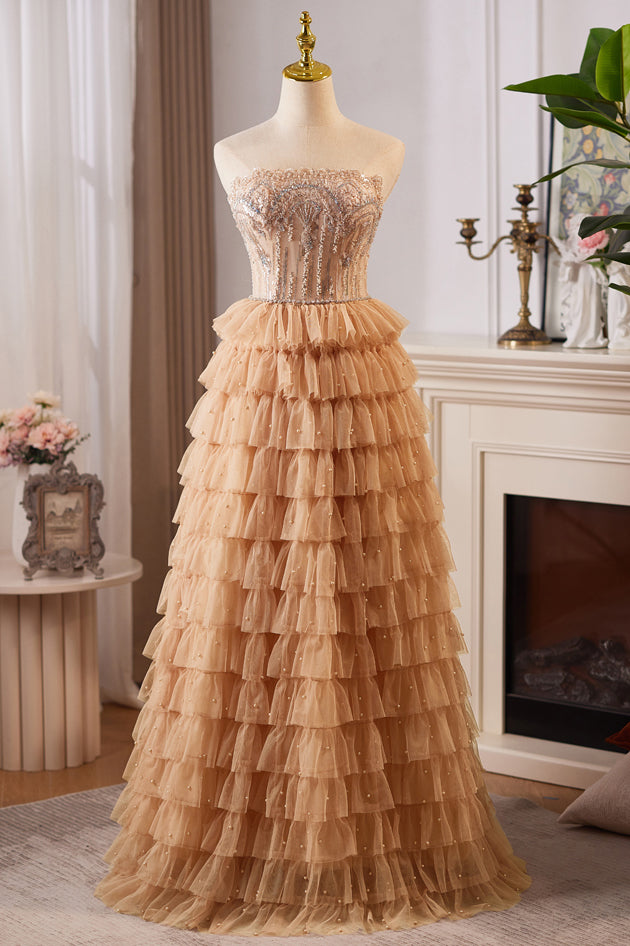 New Arrival Strapless Beading Prom Dress, A Line Tiered Tulle Formal Dress with Pearls UQP0334