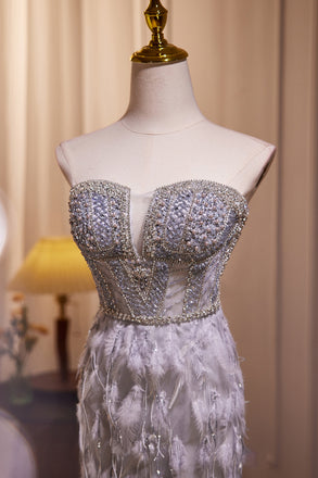 Gorgeous Strapless Mermaid Long Prom Dress with Beading, Sparkly Evening Gown with Feather UQP0310