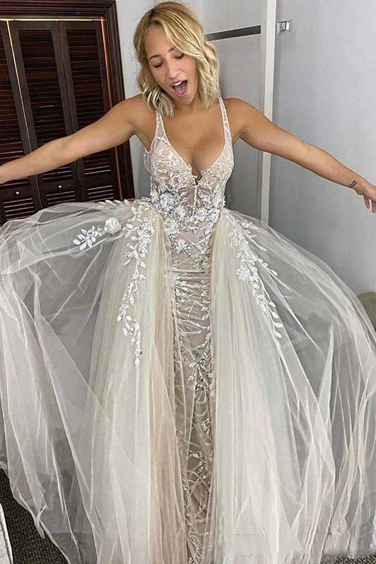 Gorgeous V Neck Sleeveless Wedding Gown, Unique Tulle Long Bridal Dresses UQW0109