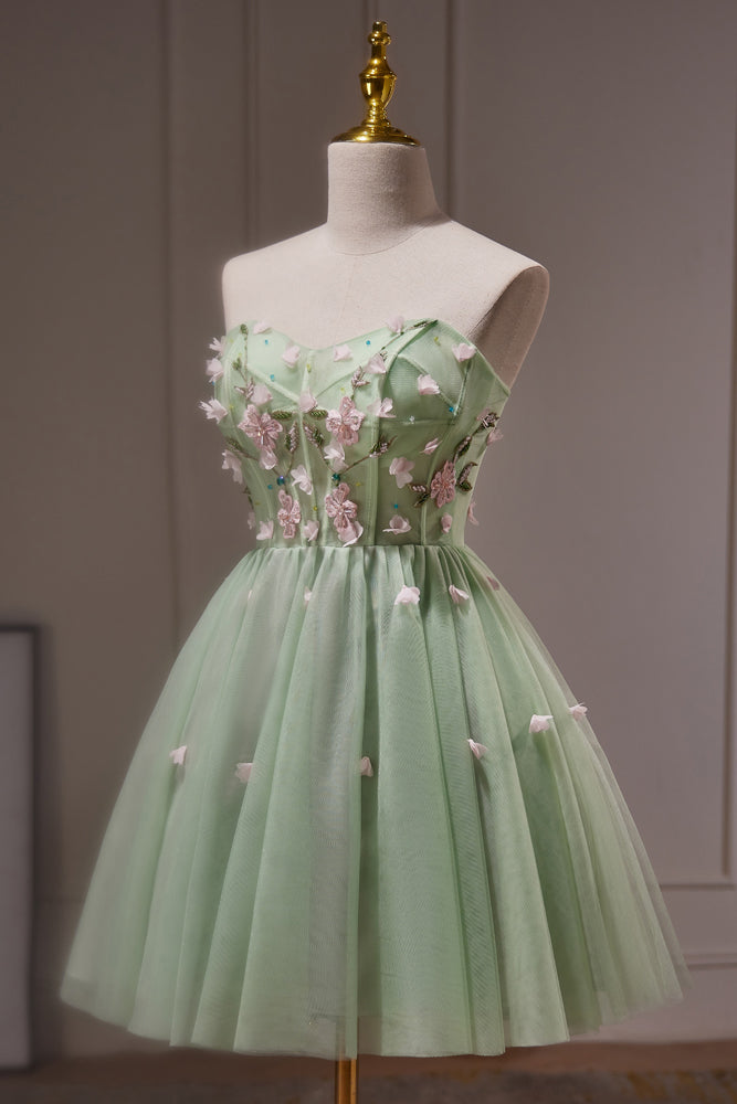 Green Sweetheart Neck Short Hoco Dress with Flowers, A Line Tulle Sweet 16 Dress UQH0232