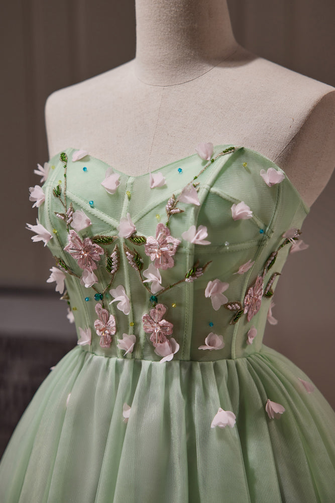 Green Sweetheart Neck Short Hoco Dress with Flowers, A Line Tulle Sweet 16 Dress UQH0232