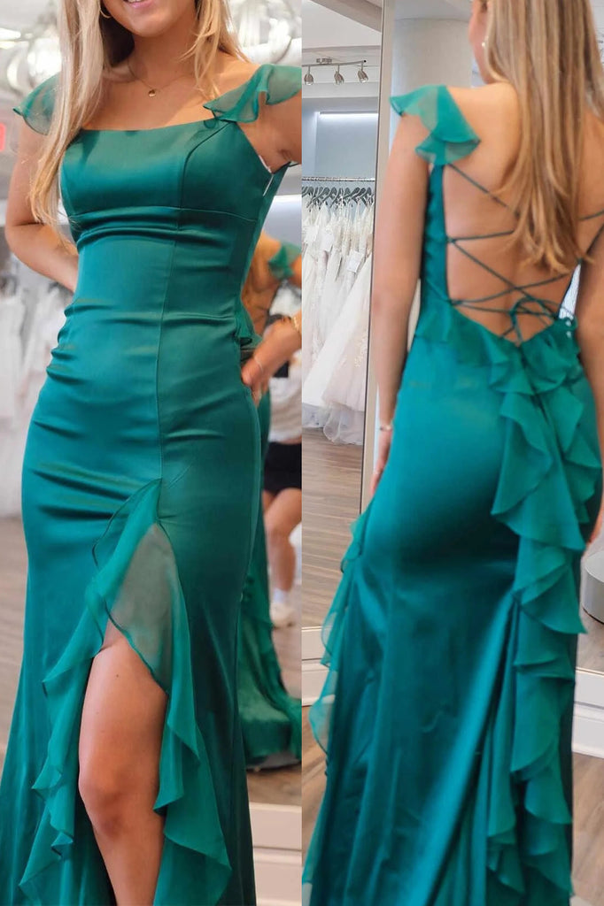 Emerald Green Square Neck Ruffle Slit Prom Dress, Mermaid Chiffon Formal Gown UQP0299