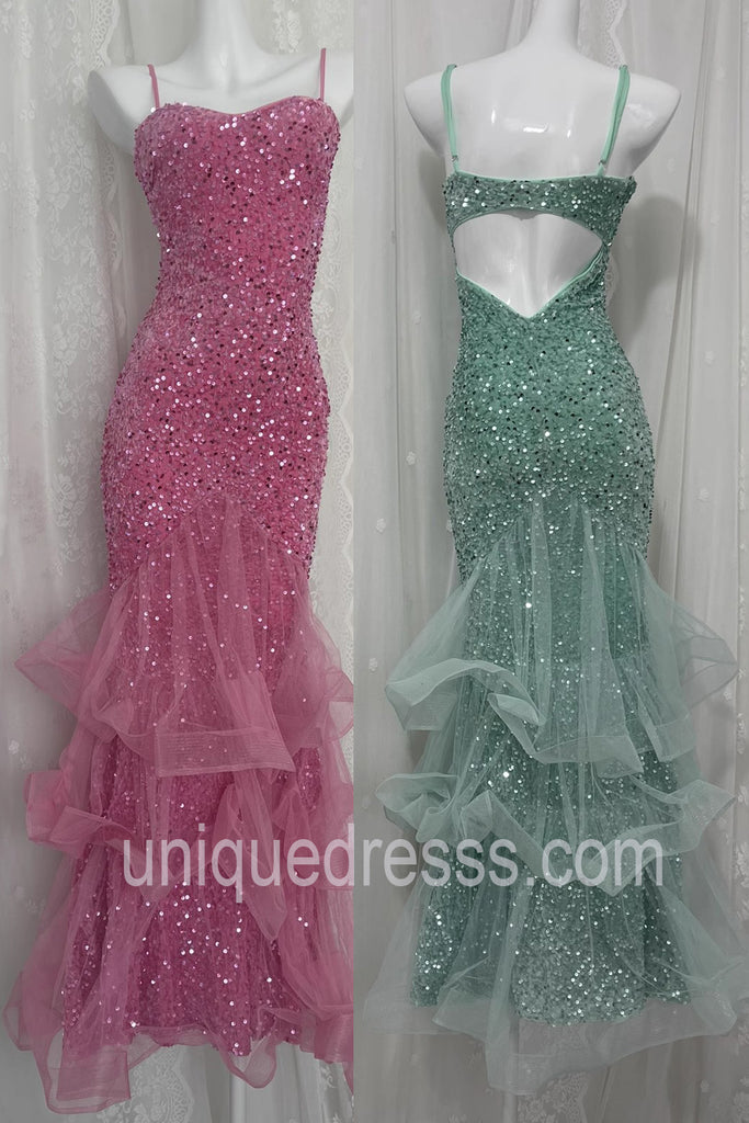 Green Spaghetti Straps Sequin Mermaid Prom Dress, Long Evening Gown UQP0329