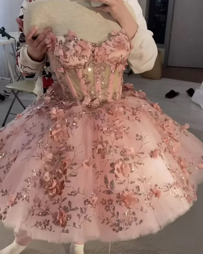 Princess Sparkly Sweetheart Homecoming Dresses with 3d Flowers, Pink Sweet 16 Dresses UQH0106