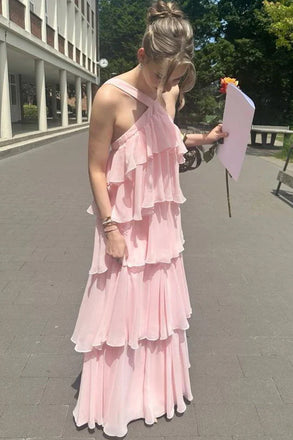 A Line Tiered Chiffon Long Formal Prom Dress Pink Bridesmaid Dress UQP0368