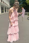 A Line Tiered Chiffon Long Formal Prom Dress Pink Bridesmaid Dress UQP0368